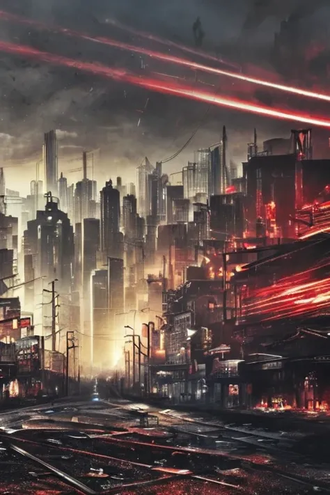A futuristic cityscape with a red sky and a train.