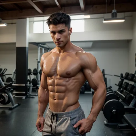 best quality,ultra-detailed,realistic:1.37,portrait,handsome young man,bodybuilder,fit physique,short black hair,intense gaze,sharp jawline,strong arms and chest,sweating from workout,pulsing veins,toned abs,dumbbells and gym equipment in the background,vi...