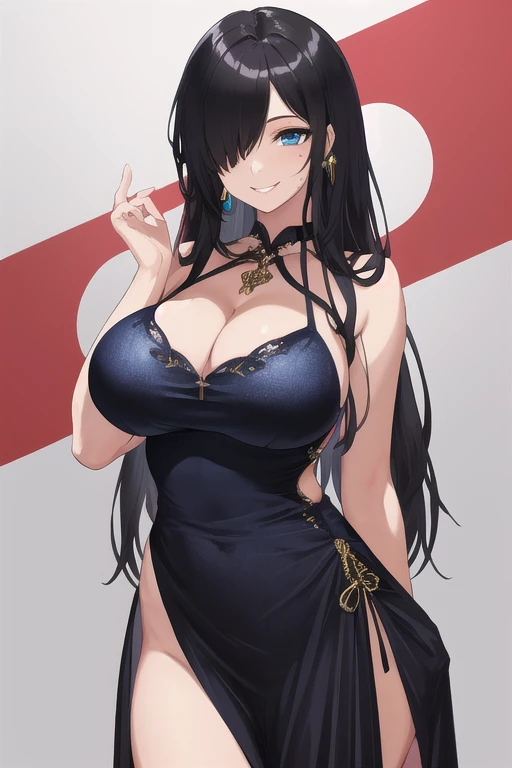 tall girl, large breast,cleaveage,long hair, shiny hair, blue eyes,high detailed, black hair, hair over one eye,masterpiece,one mole right breast,party dress,evil smile,