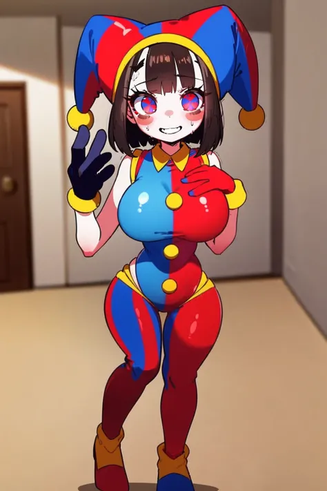 1girl, solo, indoors, full body, standing, smile, pomni, multicolored clothes, jester cap, puffy short sleeves, gloves, buttons, colored skin, symbol-shaped pupils, red eyes, blue eyes, huge breast, curvy, large pants, flipflops