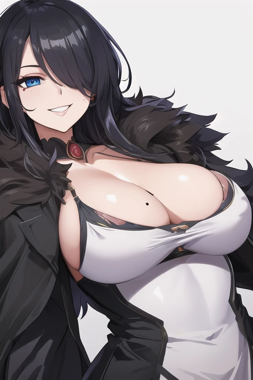 tall girl, large breast,cleaveage,long hair, shiny hair, blue eyes,high detailed, black hair, hair over one eye,masterpiece,one mole right breast,fur trimmed coat,evil smile,