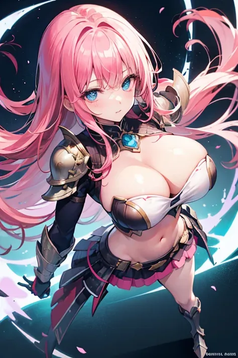 Masterpiece, Top Quality, Very Beautiful Girl, Beautiful Face and Eyes, Beautiful Hair, Solo, 1 Woman, Full Body Drawing, Dynamic Angle, (Armor: 1), pink Hair, Long Hair, Navel Out, Skirt, Perfect Bust, Taut Breasts, Amazing Bust, Huge Breasts, Tall, blue ...