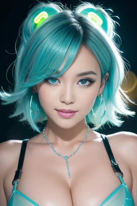 female idol、nude lip gloss、smiling face、smoky eyeshadow、winged eyeliner、dramatic lashes、(((face closeup)))、shiny very large earrings（neon cyan)、shiny very large necklace（neon cyan)、(shiny glossy latex brazilian string bra（neon cyan))、(shiny glossy latex br...