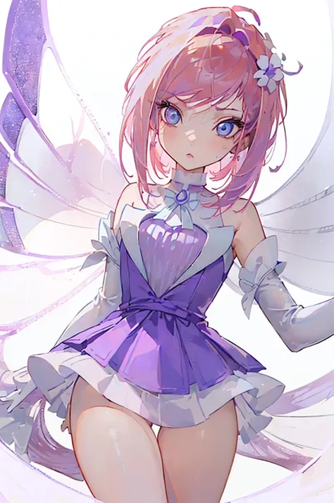 (flowed:1.5), (fairy wings), pink hair, blue eyes, short hair, purple outfit, (solid white background, white background:1.5), (m...