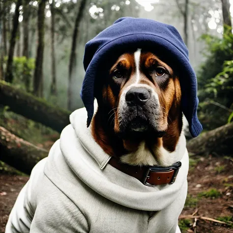 fotografia, Tiberan Mastiff Dog Breed, tronco, Sozinho, wearing pullover, ao ar livre, (noite), montanhas, natureza da vida real, estrelas, Lua, alegre, feliz, sweater, gorro, floresta, pedras, rio, madeira, smoke, Mist, olhando para o espectador, textura ...