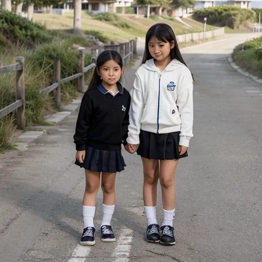 12 year old Asian girl in a school uniform with a short skirt, short white socks and black shoes on a path near the beach holding hands with her younger sister in the same  and showing the face of an older man with a hoodie observing 