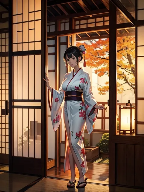 hot naked woman in a kimono with giant  and out in a japanese house during night