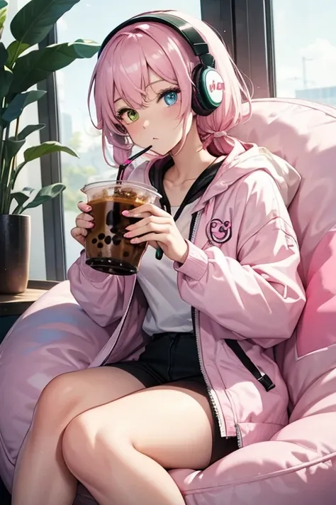 Woman, sitting in beanbag, drinking boba tea, white and pink headphones, heterochromia