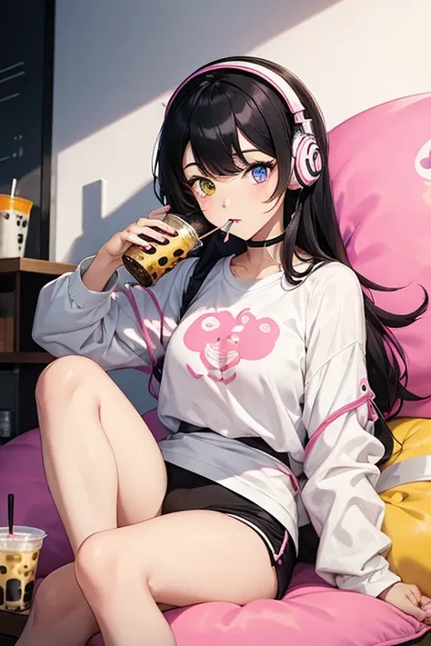 Woman, sitting in beanbag, drinking boba tea, white and pink headphones, heterochromia, black hair