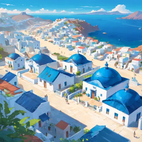 mesa, Mejor calidad,​obra maestra, en Santorini, de primera calidad, Santorini, village at the beach, blue and white houses at the beach, marine port, (((only houses and builds with blue domed roofs and white walls))), town with a low density of houses, vo...