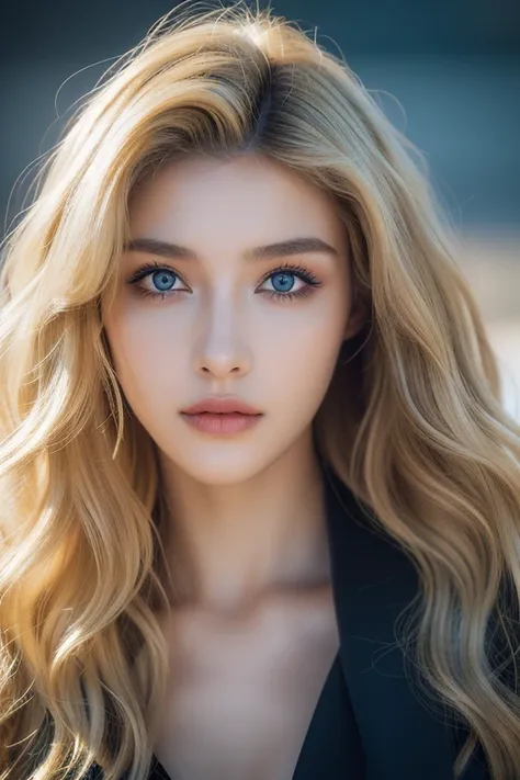 (masterpiece), science fiction, landscapes, (( a 16-year-old woman, blonde, wavy hair)), blue eyes,(high fade: 1.3), (golden eyes, makeup), curly hair, dark theme, soft tones, muted colors, high contrast, (natural skin texture, hyperrealism, 