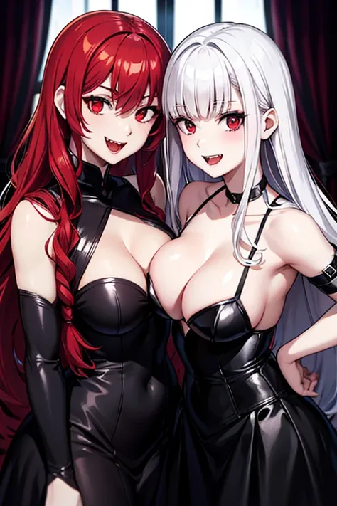 Pale White, vampires with red curly hair, sexy, shiny skin, sharp fangs, black dress