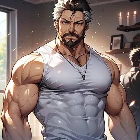 Anime, um homem alpha poderoso, 40 years old, posando para foto, wearing very tight white tank top, corpo inteiro, olhando para o espectador, pose sexy, Obra-prima maravilhosa altamente detalhada, beautiful cinematic light deep focus, elegante, pintura dig...