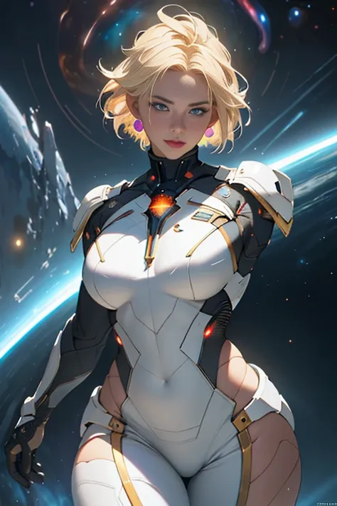 Highly detailed RAW color photo, beautiful young woman, short blonde hair, dynamic pose, (wide hips), (detailed skin), (detailed lips), (detailed eyes), (cosmic: 1.4), (necropolis: 1.1), (Science fiction setting) (detailed face), (curvy), white clothing, d...