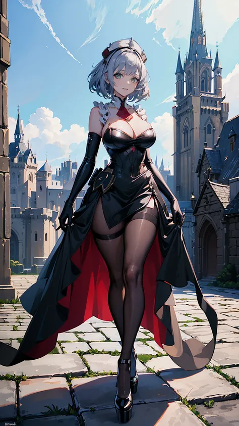 ((Best Quality)), ((masterpiece)), ((anime)), one woman standing in a sexy black party dress on a castle, ((sexy party dreslack)), black pantyhose, pumps platform high heels, light green eyes, silver hair, short hair, big cleavage, (((full body))), (mediev...