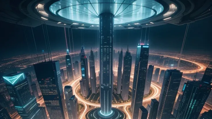 Aerial view of a futuristic city with towering skyscrapers that are interconnected by bridges and walkways. The skyscrapers are made of a variety of materials, including glass, metal, and concrete. They are covered in lights, which create a dazzling displa...