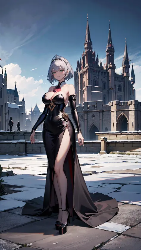 ((Best Quality)), ((masterpiece)), ((anime)), one woman standing in a sexy black party dress on a castle, ((sexy party dreslack)), black pantyhose, pumps platform high heels, light green eyes, silver hair, short hair, big cleavage, (((full body))), (mediev...