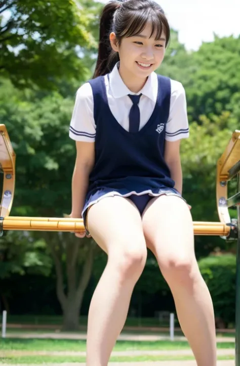 Two girls in the park,Navy Blue School Swimwear、Strings Holder Strap、With white trim,18-year-old,bangs,a little smile,thighs,share,knees,short cut hair,ponytail,from below,High leg