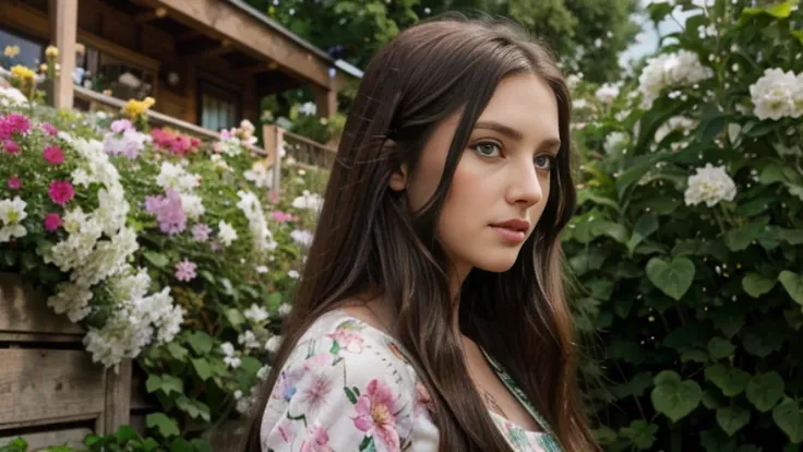 Brunette long hair, black long hair, emerald green eyes, big green eyes, cute nose, sexy lips, perfect face shape, 25 years old model, in a summer dress with a floral pattern, in a yard full of flowers in different colors, smelling a flower, profile pictur...