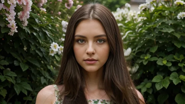 Brunette long hair, black long hair, emerald green eyes, big green eyes, cute nose, sexy lips, perfect face shape, 25 years old model, in a summer dress with a floral pattern, in a yard full of flowers in different colors, smelling a flower, profile pictur...