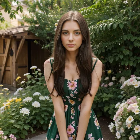 Brunette long hair, black long hair, emerald green eyes, big green eyes, cute nose, sexy lips, perfect face shape, 25 years old model, in a summer dress with a floral pattern, in a yard full of flowers in different colors, smelling a flower,bend down to sm...