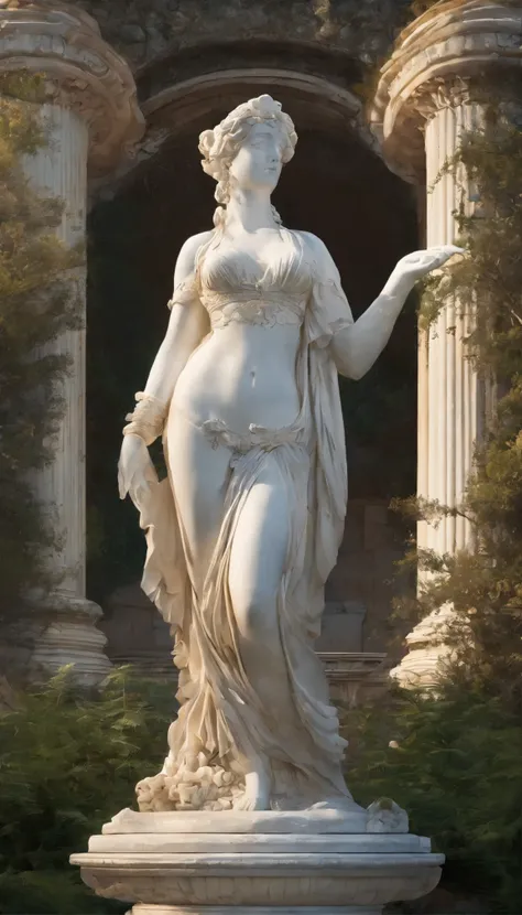 Marble statue of a large-breasted Venus with broken arms, decorated with silver jewelry., Perfect body structure, perfect body lines, perfect muscle curves, I&#39;m standing in the fog (Forest glade: 1.2), Sweet expression, surrounded by ruins, detailed fa...