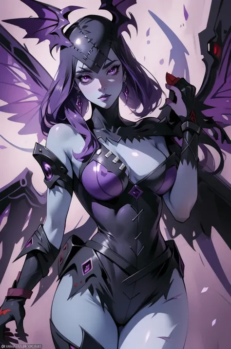 (masterpiece, best quality),  intricate details, 8k, artstation, wallpaper, official art, splash art, sharp focus,
1girl,   ladydevimon, (purple skin:1.3), wings,