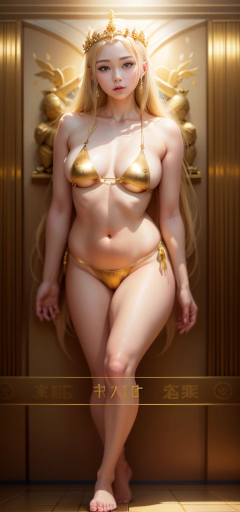 1 girl、highest quality、masterpiece、ultra high resolution、(Photoreal:1.4)、RAW photo、god々々女godシビット、（15 year old beautiful girl&#39;face）、straight long hair、glowing skin、dramatic、（Golden See-Through Competition Swimwear）、（golden transparent fluttering robe）、（...