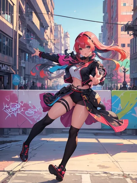 (best quality,4k,8k,highres,masterpiece:1.2),ultra-detailed,(realistic,photorealistic,photo-realistic:1.37),original character,teenager,vibrant and elegant attire,dynamic pose,expressive eyes,creative hairstyle,urban background,colorful graffiti art