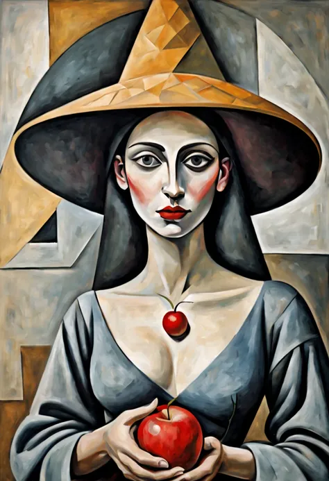 Neo Surrealism, painting of a woman with a red apple in her hand, cubist Picasso, Pablo Picasso painting, style of Picasso, by Arshile Gorky, priestess in a conical hat