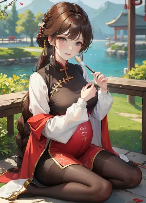 masterpiece, best quality, Married woman，pregnancy， aldult, Chinese style, China, elder sister,  Smile, brown hair, princess cut, Single fried dough stick braid，Flesh-colored tights，Full of motherhood，Chinese style婚礼服，Pure desire，blushing，dignified yet liv...