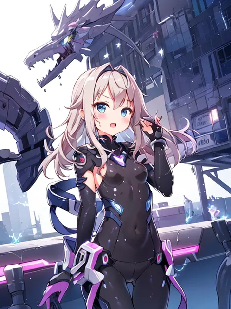 ((masterpiece:1.4、highest quality))+、(super detailed)+、
1 girl、cyberpunk city、flat chest、wavy hair、mecha clothes、(robot girl)、Cool move、Silver Bodysuit、colorful background、Wet day、(lightning effect)、Silver Dragon Armor、(cold face)、cowboy shot、pretty girl