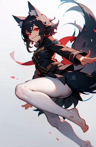 Black hair, wolf ears and tail, red eyes, evil smile, white hair, pantyhose, barefoot, uniform