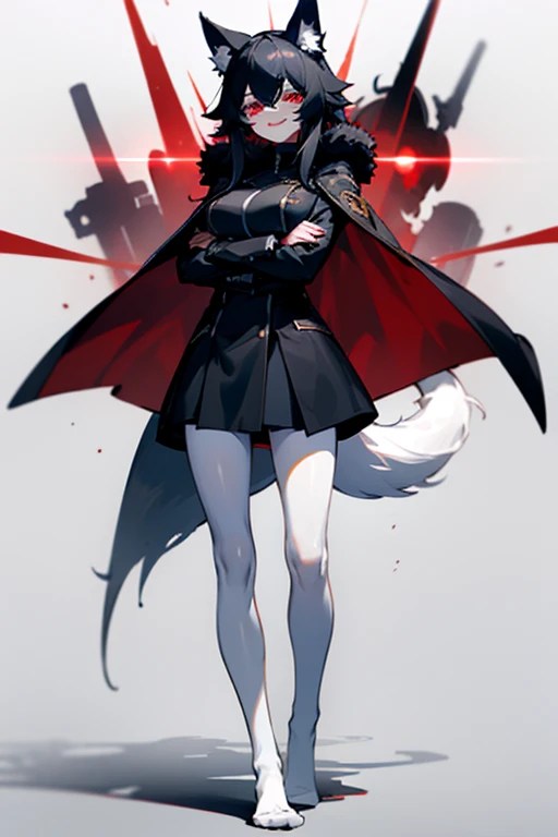 Black hair, wolf ears and tail, red eyes, evil smile, white hair, black pantyhose, no shoes, black uniform, large breast, teasing, pale skin, black coat, standing, arms crossed