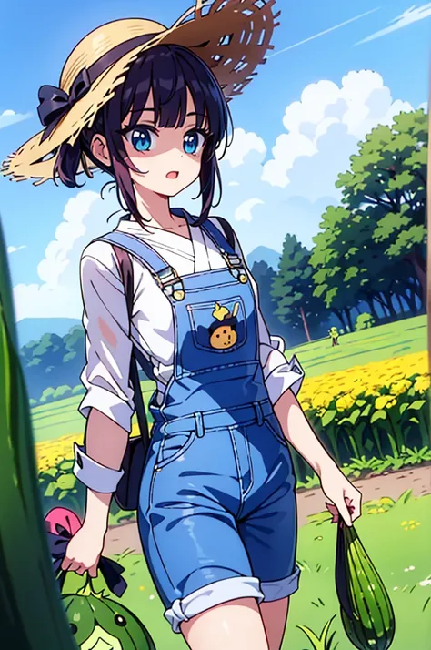 1 garota, Jovem, kind_olhos castanhos, vermelho escuro, Frohawk, arrogante _face, pele brilhante, medium breasts, nice leg line:1.3, coxas grossas, cintura fina, agricultor, simples, functional clothing appropriate for outdoor work, Like a straw hat, overa...