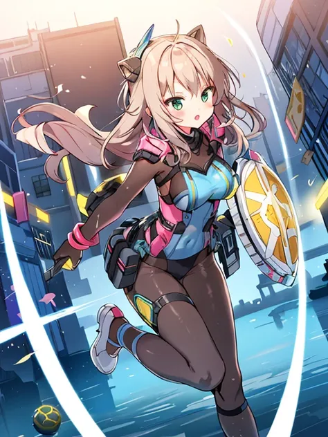 Extreme detail,masterpiece,futuristic city,girl with (energy shield):1.3,tight-fitting bodysuit,protecting herself from danger,using shield in battle,futuristic buildings,flying cars,shield growing brighter,repelling invader