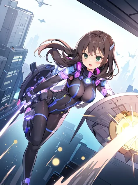 Extreme detail,masterpiece,futuristic city,girl with (energy shield):1.3,tight-fitting bodysuit,protecting herself from danger,using shield in battle,futuristic buildings,flying cars,shield growing brighter,repelling invader