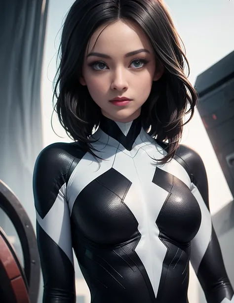 Ghost Spider, Gwen in a black costume with a white spider in the center of her chest, organic looking outfit, sticky forehead, symbiote, White eyes, Fine art, ,Highly detailed cinematic rendering, ultra photorealistic raytricing, With cinematic lighting、Ol...