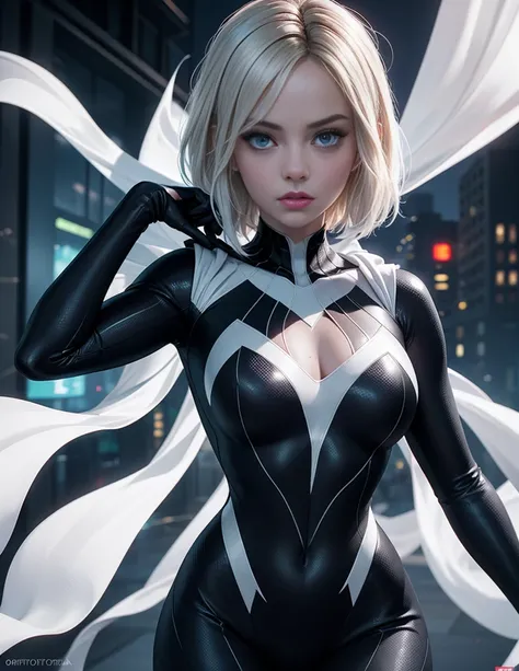 Ghost Spider, Gwen in a black costume with a white spider in the center of her chest, organic looking outfit, sticky forehead, symbiote, White eyes, Fine art, ,Highly detailed cinematic rendering, ultra photorealistic raytricing, With cinematic lighting、ma...