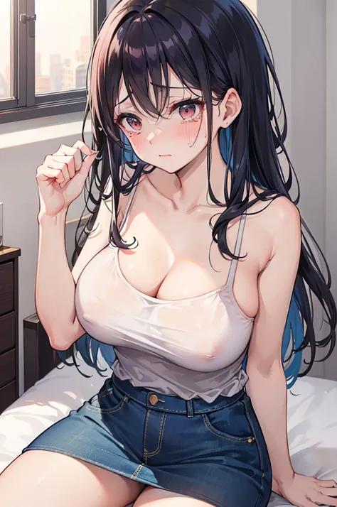 perfect human body，1 female，Mature and intellectual woman， (publicly exposed，bedroom)，long hair，clavicle，((big breasts))，loose t-shirt，Denim skirt，smooth thighs，((woman with fever)),(blush:1.2),((skirt lift))，Shy，Fear，cry，tears，