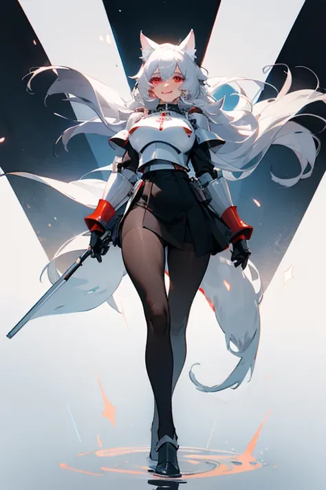 1girl with white hair and red eyes, wolf ears, black Pantyhose, uniform, standing, stormtrooper, evil smile, large breast, teasing, black skirt, thick thighs, long legs, armor, floating, 