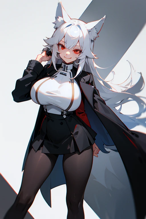 1girl with white hair and red eyes, wolf ears, black Pantyhose, black uniform, standing, stormtrooper, evil smile, large breast, teasing, black skirt, thick thighs, long legs, overcoat