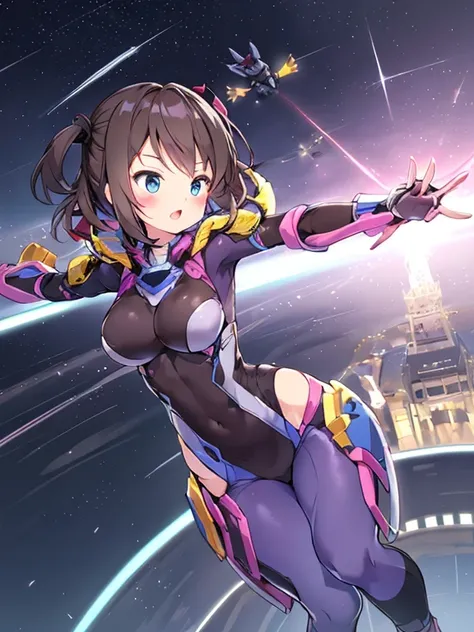 Extreme detail,masterpiece,futuristic city,girl with (energy shield):1.3,tight-fitting bodysuit,protecting herself from danger,using shield in battle,futuristic buildings,flying cars,shield growing brighter,repelling invader