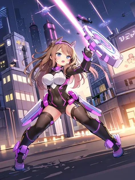 Extreme detail,masterpiece,futuristic city,girl with (energy shield):1.3,tight-fitting bodysuit,protecting herself from danger,using shield in battle,futuristic buildings,flying cars,shield growing brighter,repelling invader