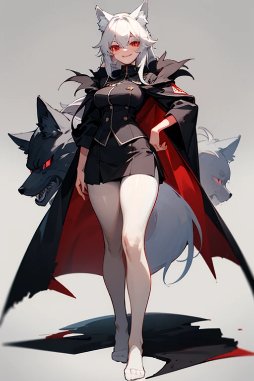 1girl with white hair and red eyes, wolf ears, black Pantyhose, black uniform, standing, evil smile, breast, teasing, black skirt, thick thighs, long legs, overcoat, no shoes, red strain