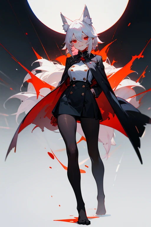 1girl with white hair and red eyes, wolf ears, black Pantyhose, uniform, standing, evil smile, breast, teasing, black skirt, thick thighs, long legs, overcoat, no shoes, red strain, arms clasped behind back, big ass