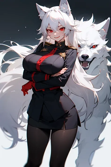 1girl with white hair and red eyes, wolf ears, black Pantyhose, uniform, evil smile, large breast, sex