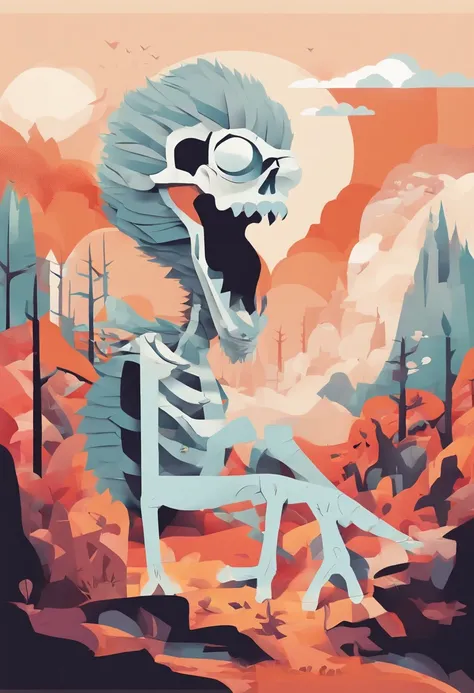 (high quality, contemporary art, fusion distorted monster landscape, painting, fashion, 2d, with two color dominant, with a kind of skeleton and stylish misshapen modern monster)