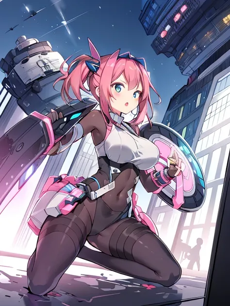 Extreme detail,masterpiece,futuristic city,girl with (energy shield):1.3,tight-fitting bodysuit,protecting herself from danger,using shield in battle,futuristic buildings,flying cars,shield growing brighter,repelling invader