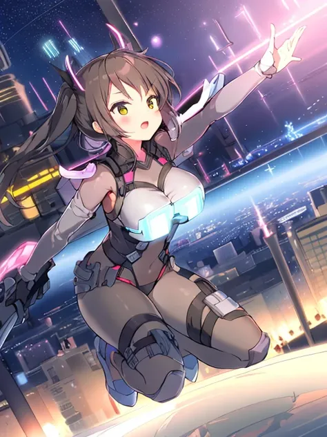 Extreme detail,masterpiece,futuristic city,girl with (energy shield):1.3,tight-fitting bodysuit,protecting herself from danger,using shield in battle,futuristic buildings,flying cars,shield growing brighter,repelling invader